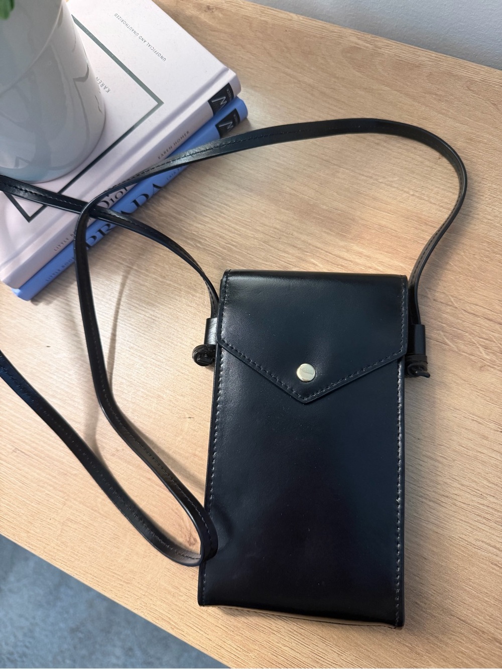 J Crew Sleek Black calf leather Crossbody Phone Bag